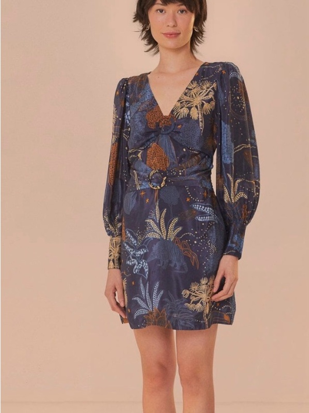 FARM Rio Navy Floral-Print V-Neck Belted Mini Dress